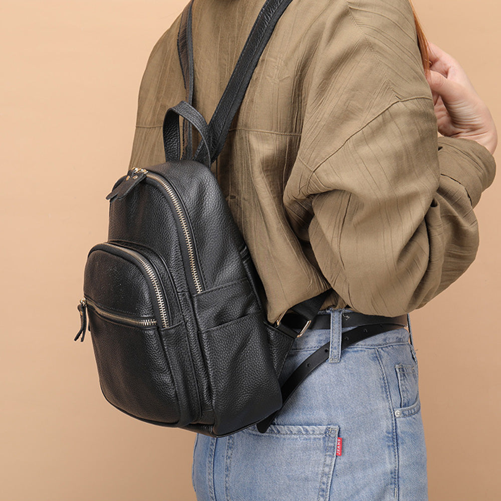 172 Top Layer Cowhide Leather Backpack Women Stylish Solid Color Dual Shoulder Bag
