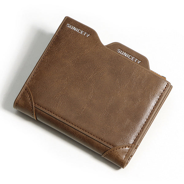 SUNICETY RFID Blocking Wallet for Men, Anti-Fading PU Leather Card Storage Pouch Cash Money Zipper Pocket Carrying Bag