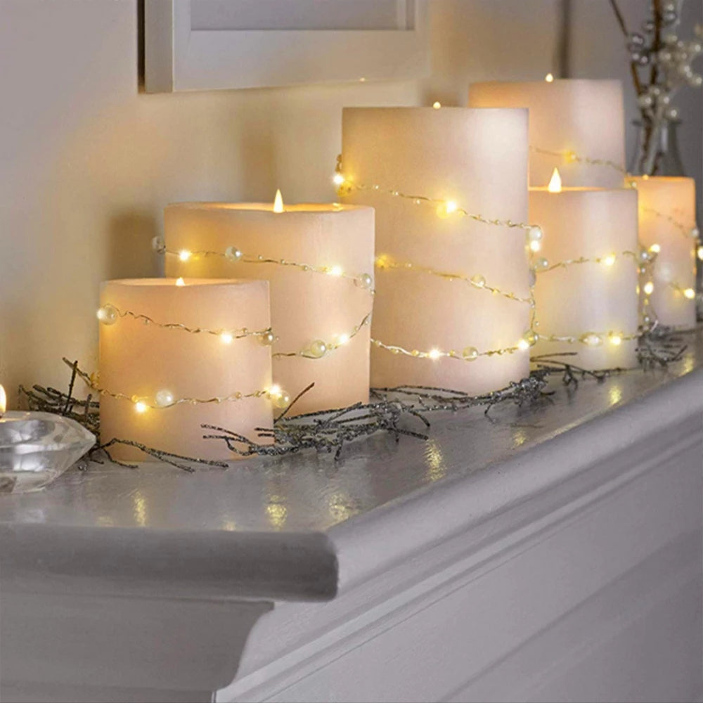2m 20 LED Battery Operated Copper Wire String Light with Artificial Pearl Xmas Wedding Party Decor