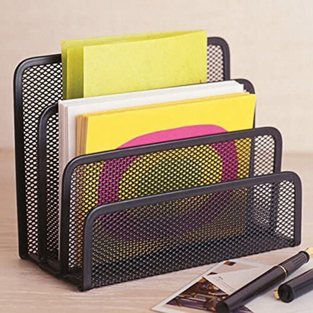 2Pcs Desk Mail Organizer Office Letter Sorter Desktop File Organizer Metal Mesh with 3 Vertical Upright Compartments