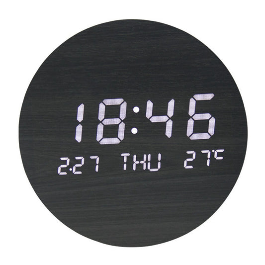 Round Alarm Clock Large Screen Living Room Rechargeable Wooden Wall Clock Temperature Display