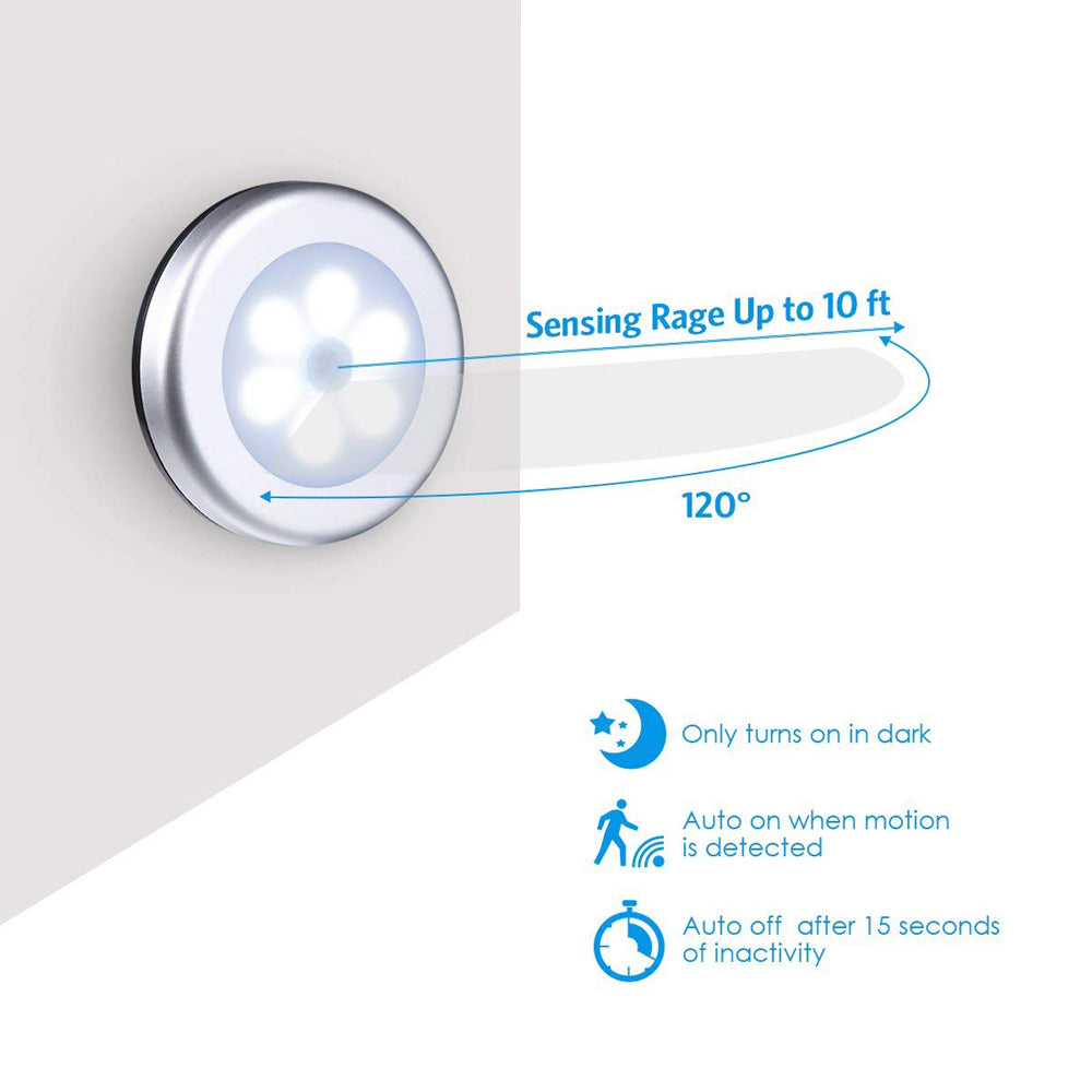 1Pc 6 LED Round Cabinet Light for Kitchen Bedroom Cupboard Wireless Magnetic Corridor PIR Motion Sensor Stair Night Lamp