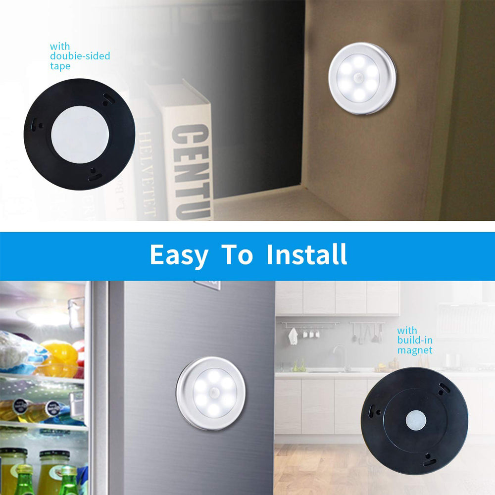1Pc 6 LED Round Cabinet Light for Kitchen Bedroom Cupboard Wireless Magnetic Corridor PIR Motion Sensor Stair Night Lamp