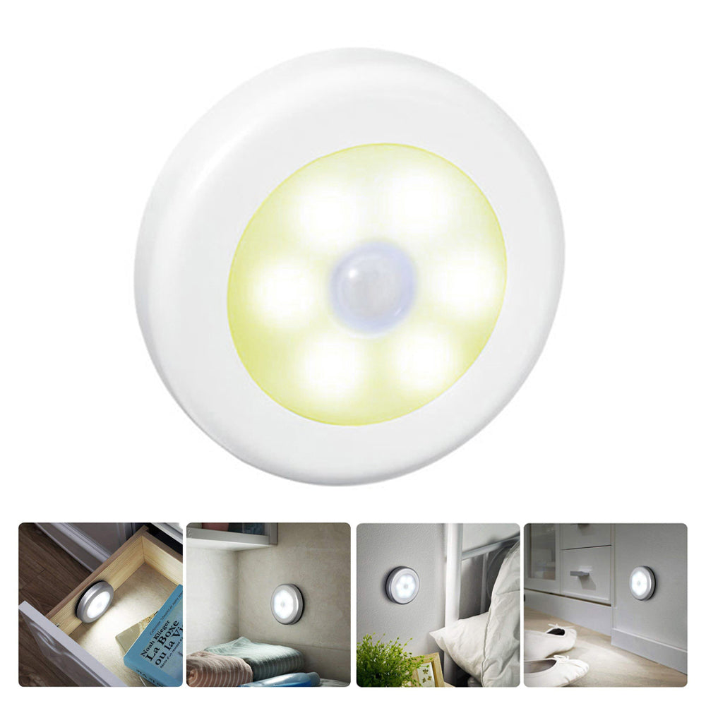 1Pc 6 LED Round Cabinet Light for Kitchen Bedroom Cupboard Wireless Magnetic Corridor PIR Motion Sensor Stair Night Lamp