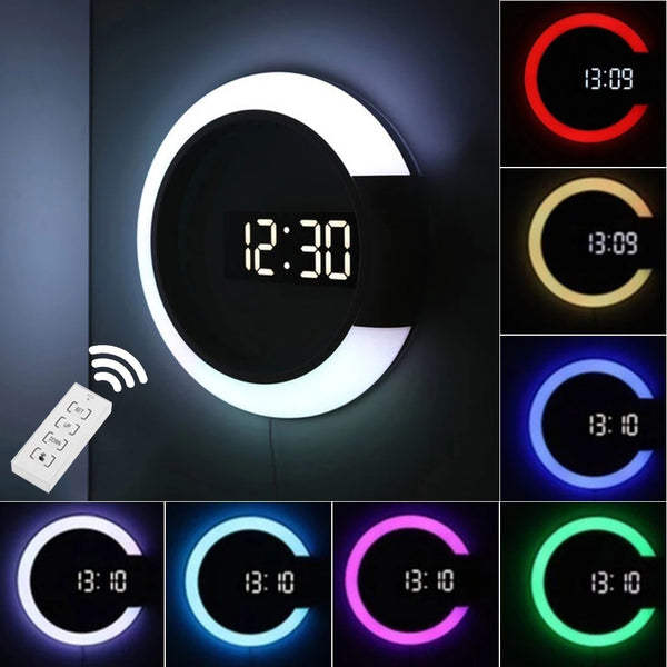 TS-S24 Creative LED Mirror Hollow Wall Clock with Alarm Temperature Ring Light Multi-color Switch