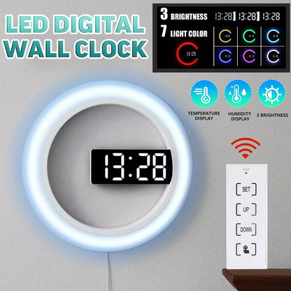 TS-S24 Creative LED Mirror Hollow Wall Clock with Alarm Temperature Ring Light Multi-color Switch