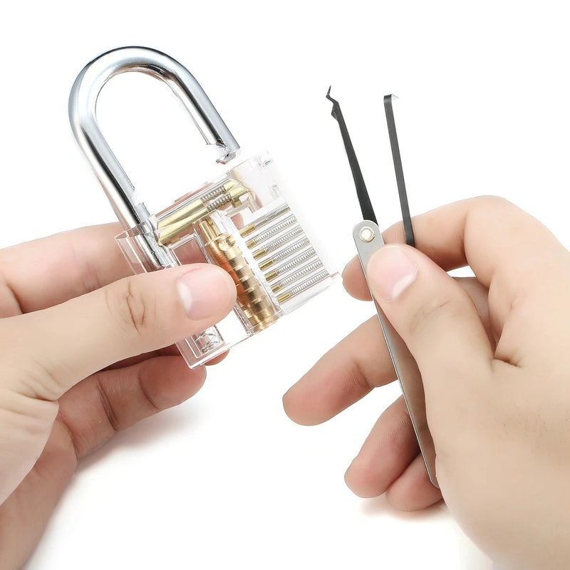 15Pcs/Set Lock Picks Key Extractor Unlocking Practice Tool Kit with Transparent Padlock