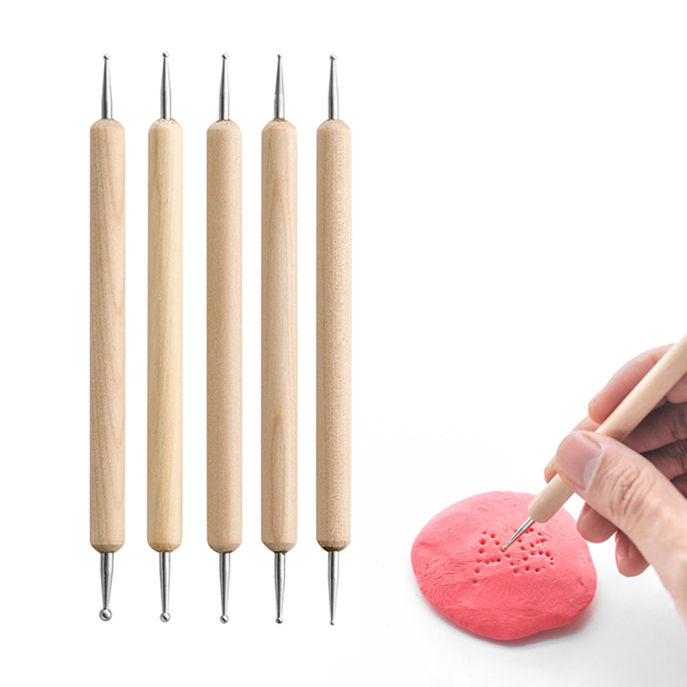 2112905 5Pcs Double-ended Ball Styluses with Wooden Handle for Embossing Pattern Clay Sculpting Wax Polymer Dotting Tool
