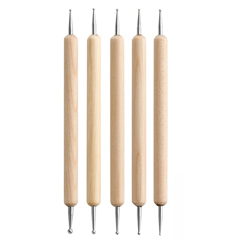 2112905 5Pcs Double-ended Ball Styluses with Wooden Handle for Embossing Pattern Clay Sculpting Wax Polymer Dotting Tool