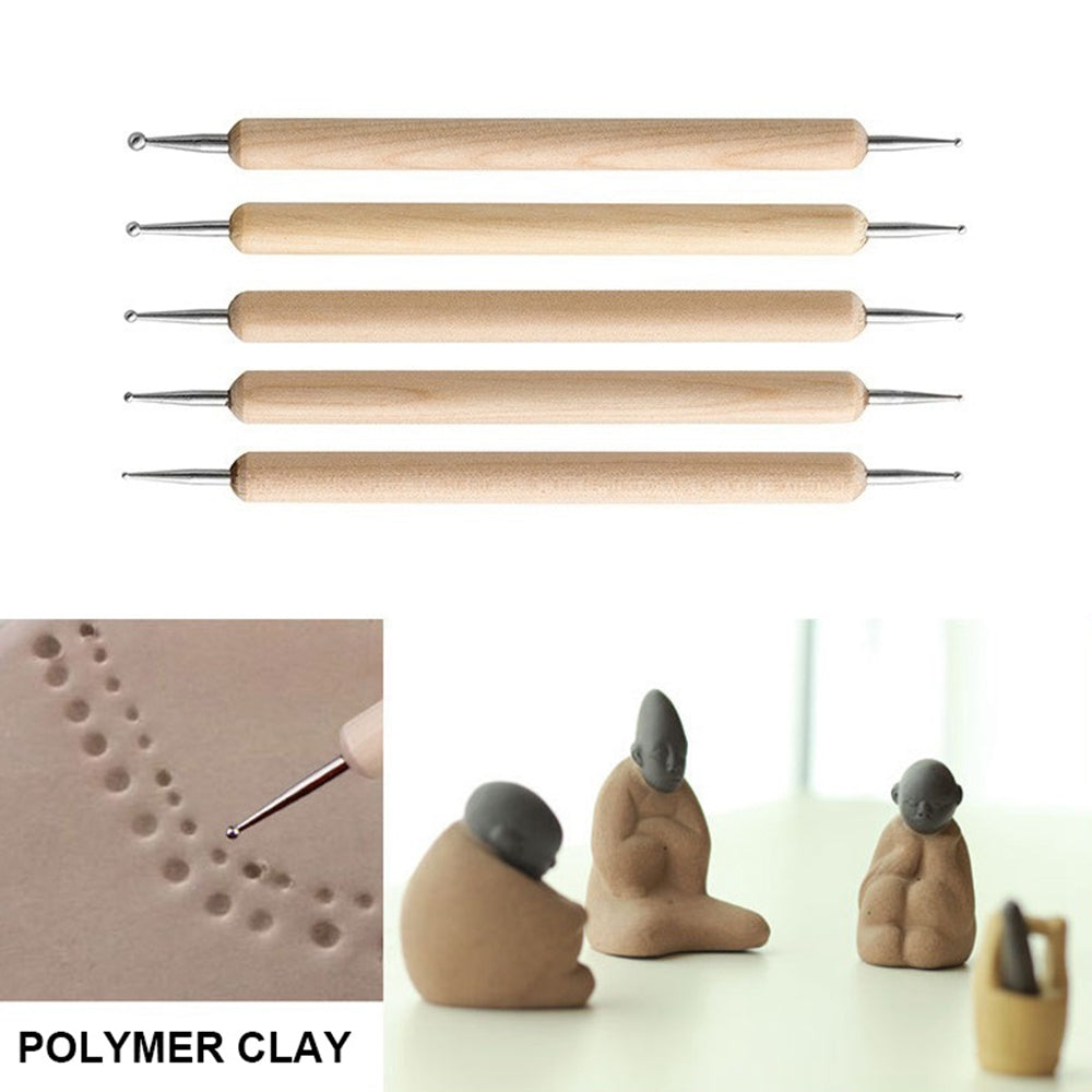 2112905 5Pcs Double-ended Ball Styluses with Wooden Handle for Embossing Pattern Clay Sculpting Wax Polymer Dotting Tool