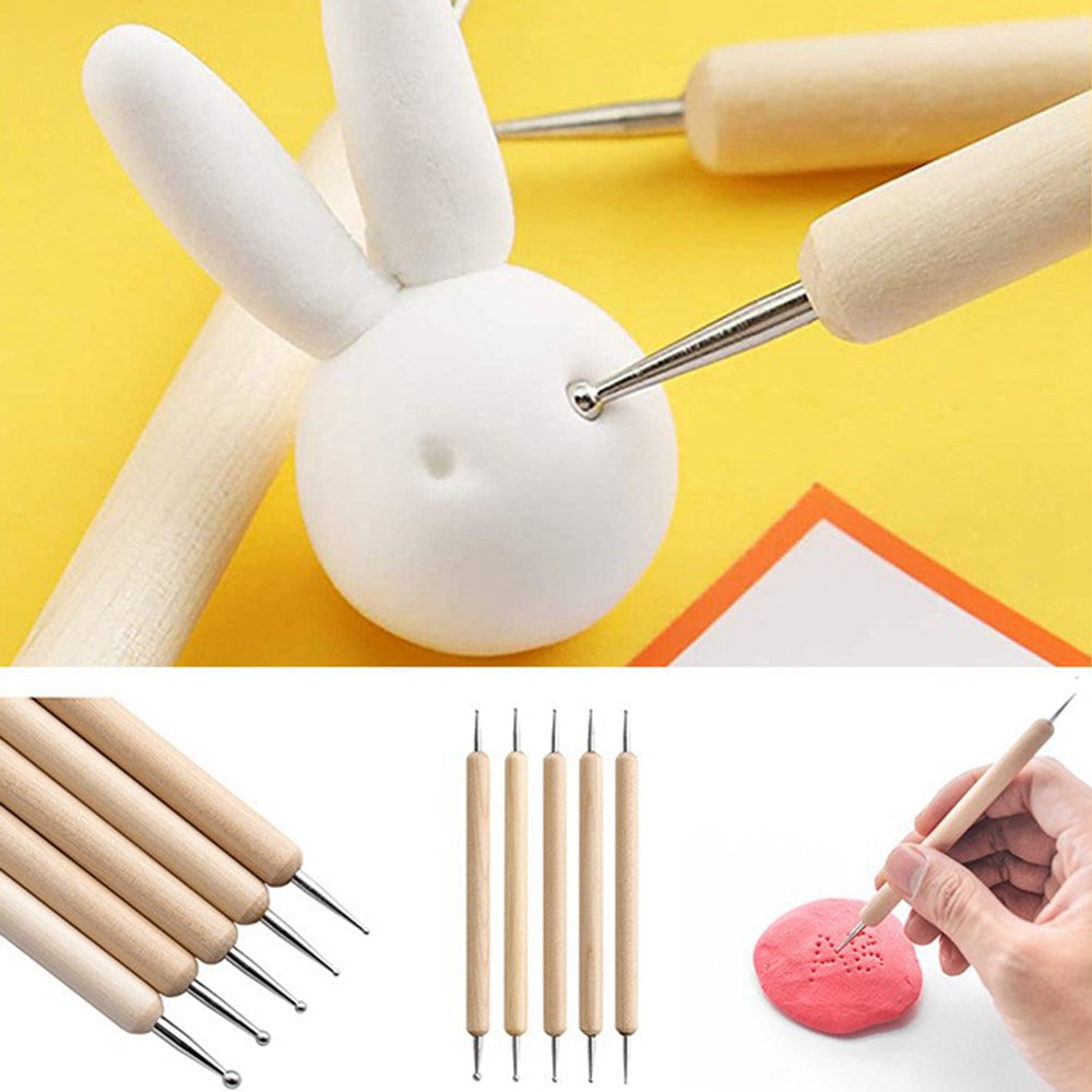 2112905 5Pcs Double-ended Ball Styluses with Wooden Handle for Embossing Pattern Clay Sculpting Wax Polymer Dotting Tool