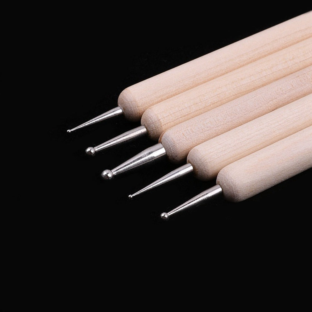 2112905 5Pcs Double-ended Ball Styluses with Wooden Handle for Embossing Pattern Clay Sculpting Wax Polymer Dotting Tool