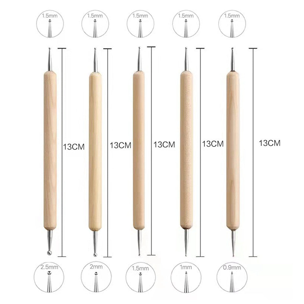2112905 5Pcs Double-ended Ball Styluses with Wooden Handle for Embossing Pattern Clay Sculpting Wax Polymer Dotting Tool