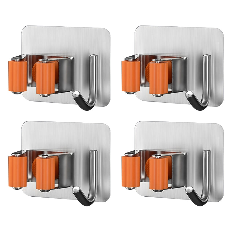 SUS304 4PCS Mop Broom Holder Stainless Steel Square Shaped Self Adhesive Mop Holder Wall Mounted with Hooks for Bathroom, Kitchen, Garden Garage