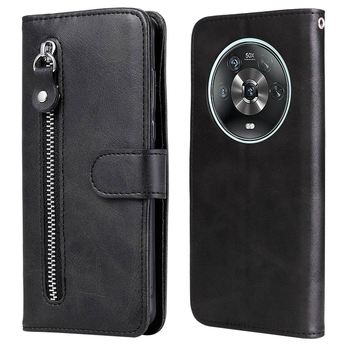 For Honor Magic4 5G/Magic4 Pro 5G Anti-fall PU Leather Wallet Folio Flip Case Zipper Pocket Stand Shockproof Protective Cover
