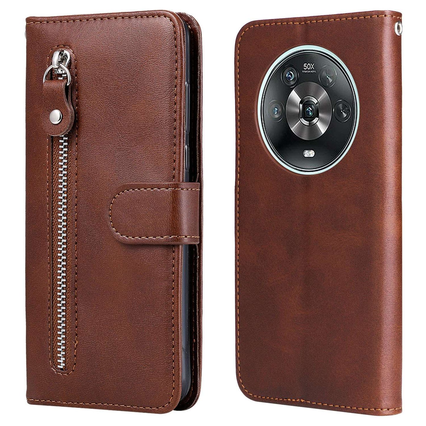For Honor Magic4 5G/Magic4 Pro 5G Anti-fall PU Leather Wallet Folio Flip Case Zipper Pocket Stand Shockproof Protective Cover