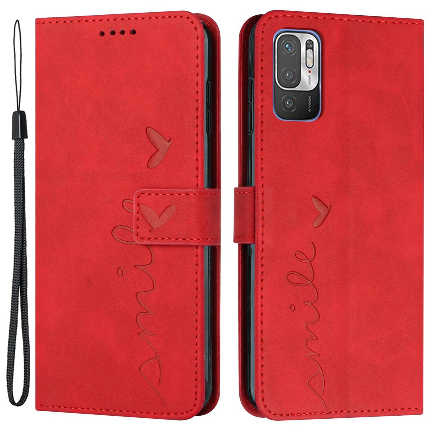 Heart Shape Imprinted Phone Case for Xiaomi Redmi Note 10 5G/Note 10T 5G/Poco M3 Pro 5G/4G Anti-scratch PU Leather Skin-touch Feeling Wallet Stand Shell with Strap