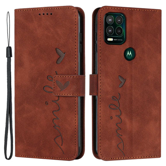 For Motorola Moto G Stylus 5G (2021) Skin-touch Feeling Heart Shape Imprinted Phone Case Anti-fall PU Leather Wallet Stand Shell with Strap