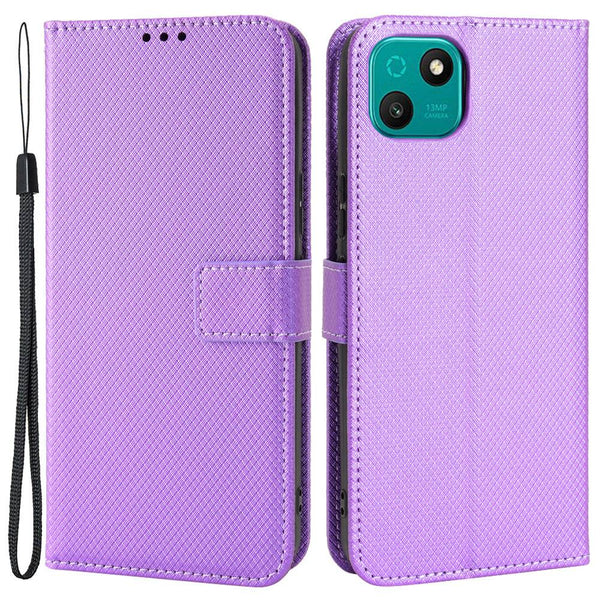 For Wiko T10 4G Diamond Texture PU Leather Cover Drop-proof Phone Stand Wallet Case with Wrist Strap