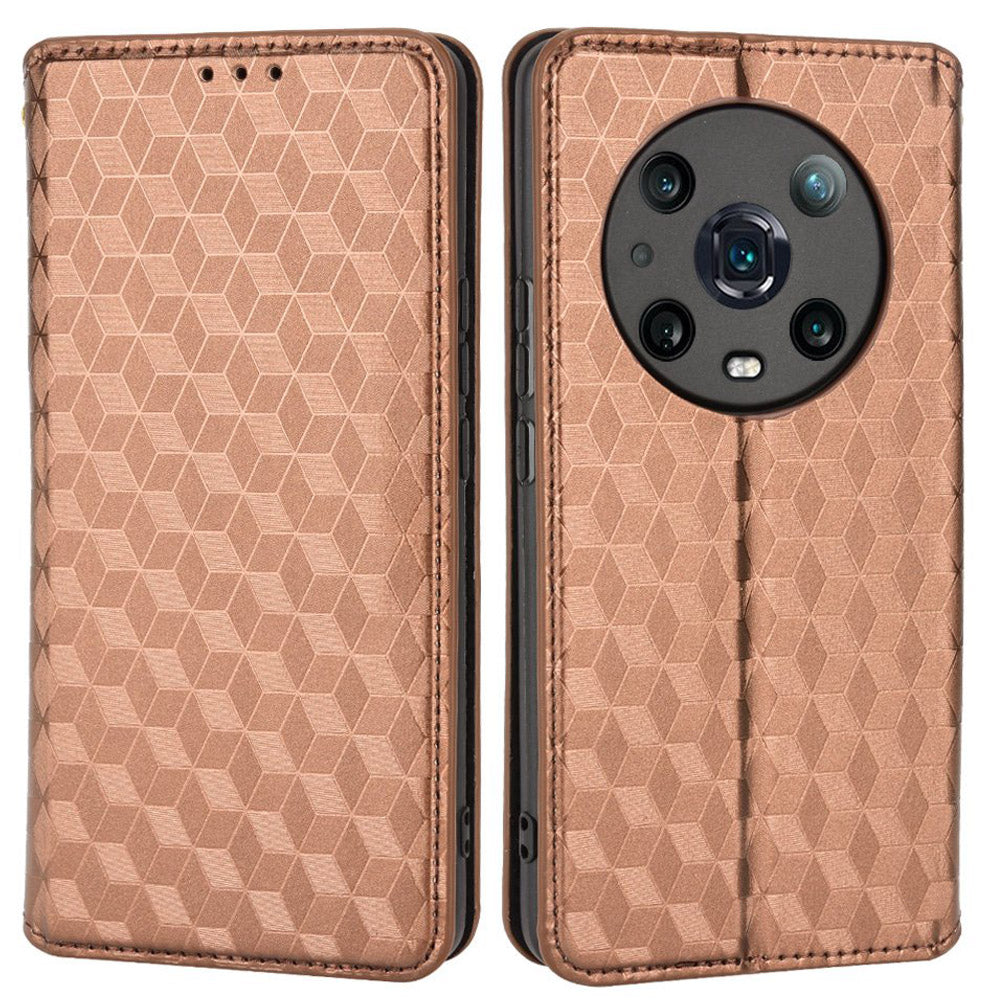 For Honor Magic4 Pro 5G Imprinted Rhombus Pattern Phone Cover PU Leather Magnetic Design Stand Wallet Case