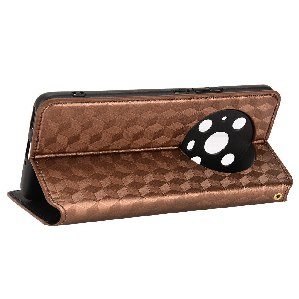 For Honor Magic4 Pro 5G Imprinted Rhombus Pattern Phone Cover PU Leather Magnetic Design Stand Wallet Case