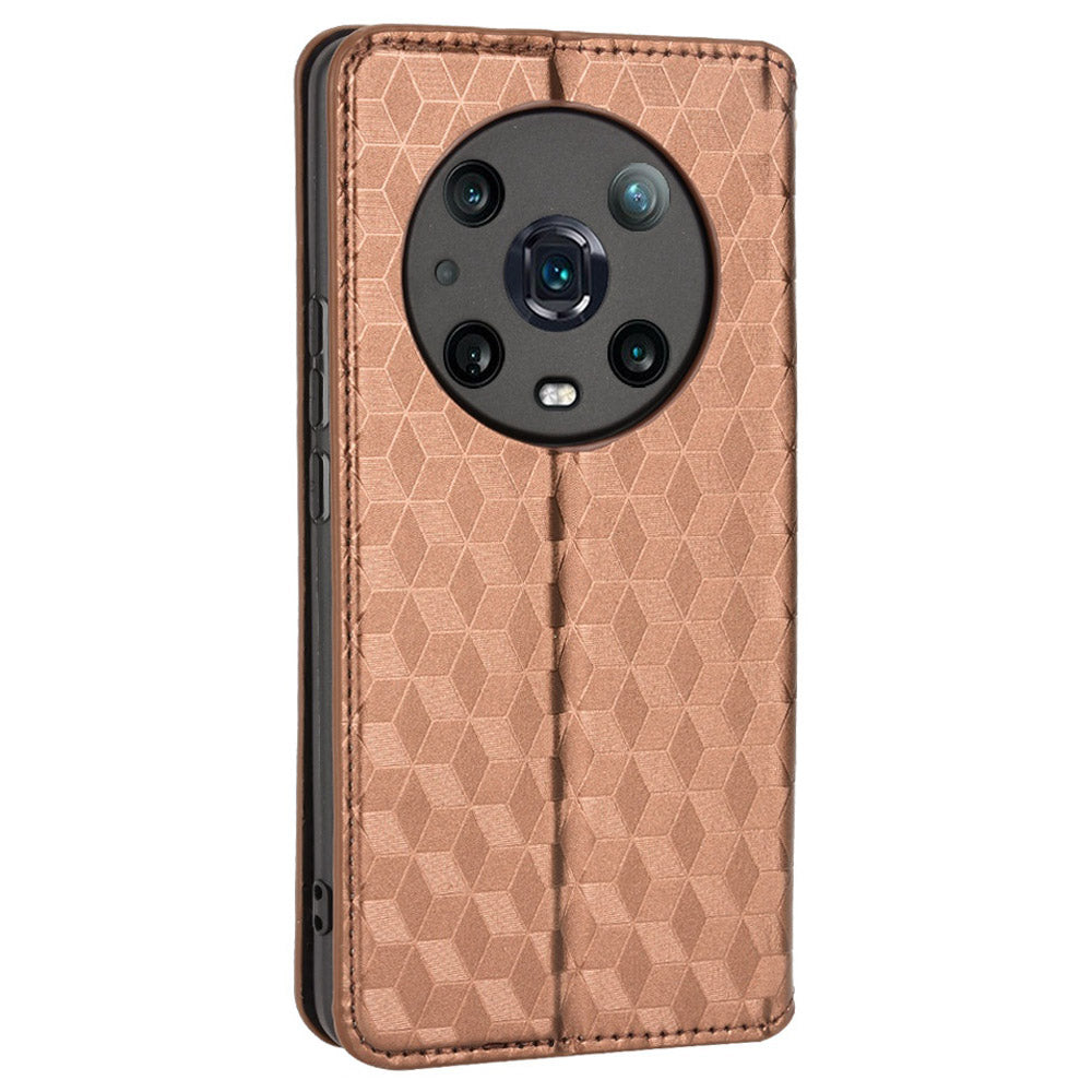 For Honor Magic4 Pro 5G Imprinted Rhombus Pattern Phone Cover PU Leather Magnetic Design Stand Wallet Case