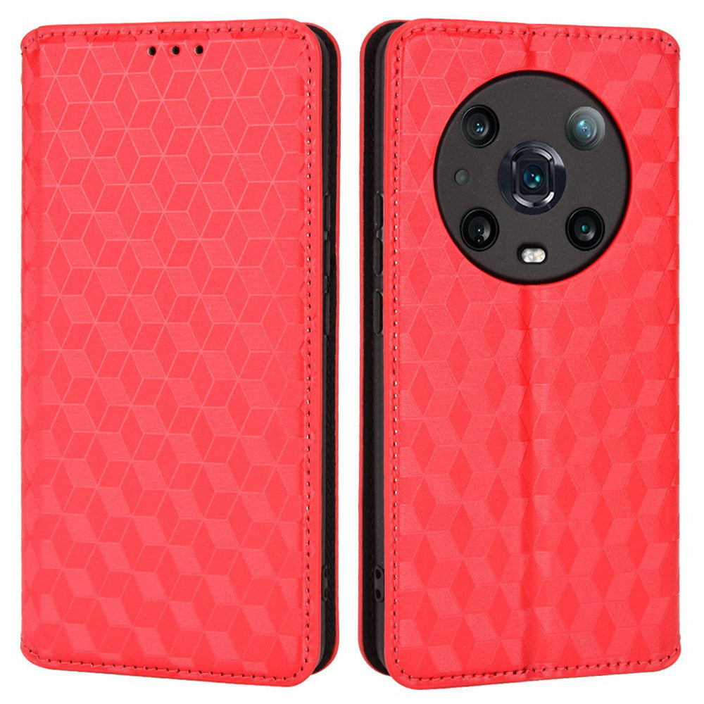 For Honor Magic4 Pro 5G Imprinted Rhombus Pattern Phone Cover PU Leather Magnetic Design Stand Wallet Case