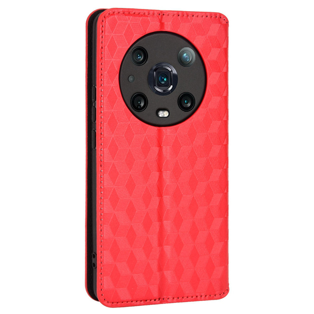 For Honor Magic4 Pro 5G Imprinted Rhombus Pattern Phone Cover PU Leather Magnetic Design Stand Wallet Case