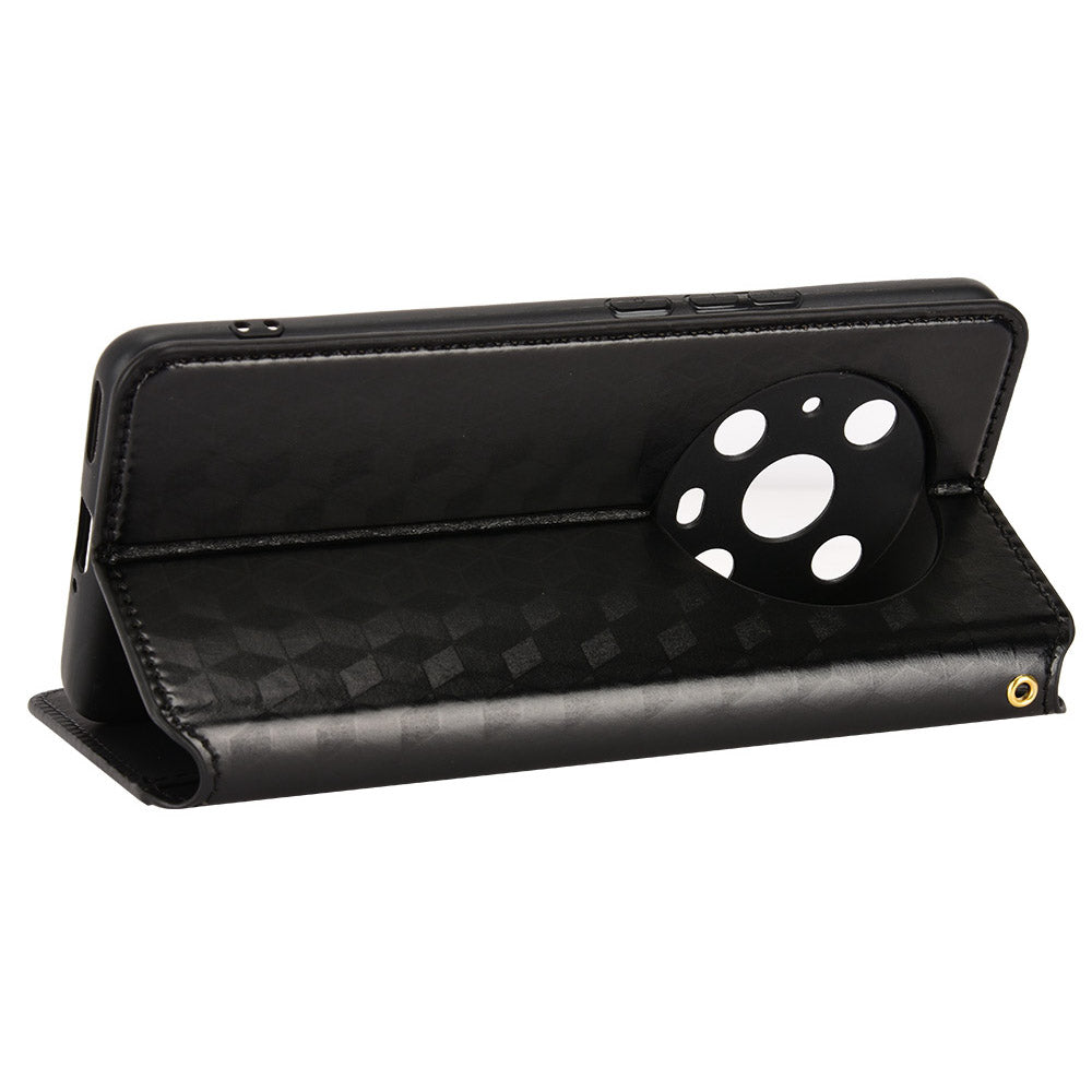 For Honor Magic4 Pro 5G Imprinted Rhombus Pattern Phone Cover PU Leather Magnetic Design Stand Wallet Case