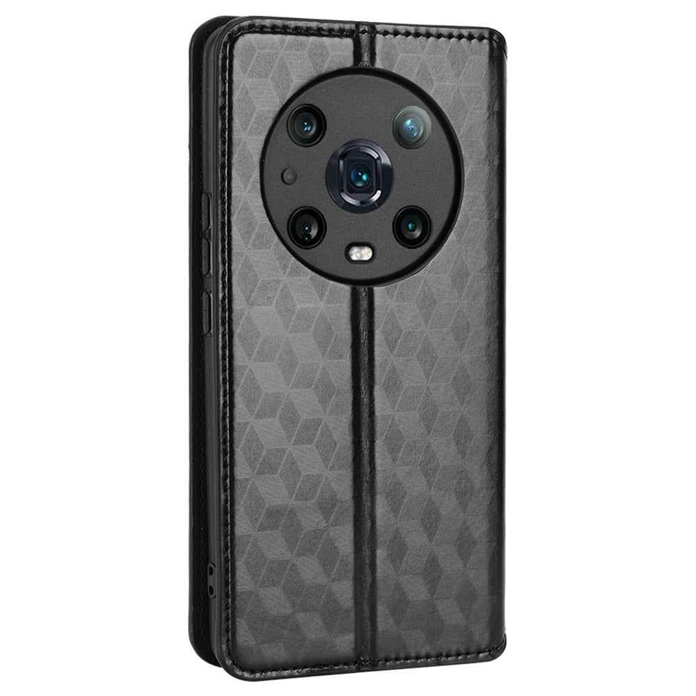 For Honor Magic4 Pro 5G Imprinted Rhombus Pattern Phone Cover PU Leather Magnetic Design Stand Wallet Case