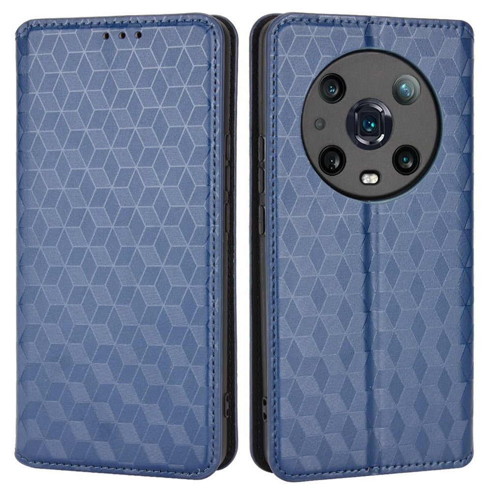 For Honor Magic4 Pro 5G Imprinted Rhombus Pattern Phone Cover PU Leather Magnetic Design Stand Wallet Case