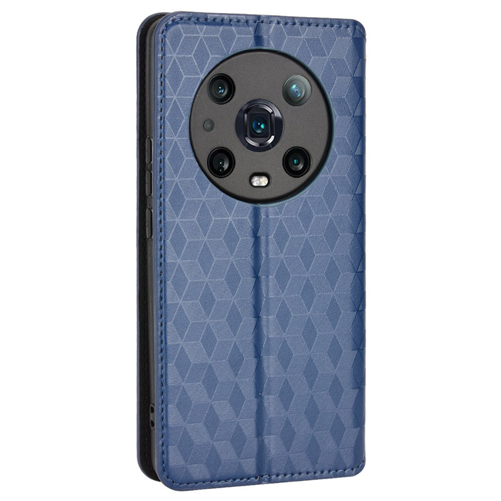 For Honor Magic4 Pro 5G Imprinted Rhombus Pattern Phone Cover PU Leather Magnetic Design Stand Wallet Case
