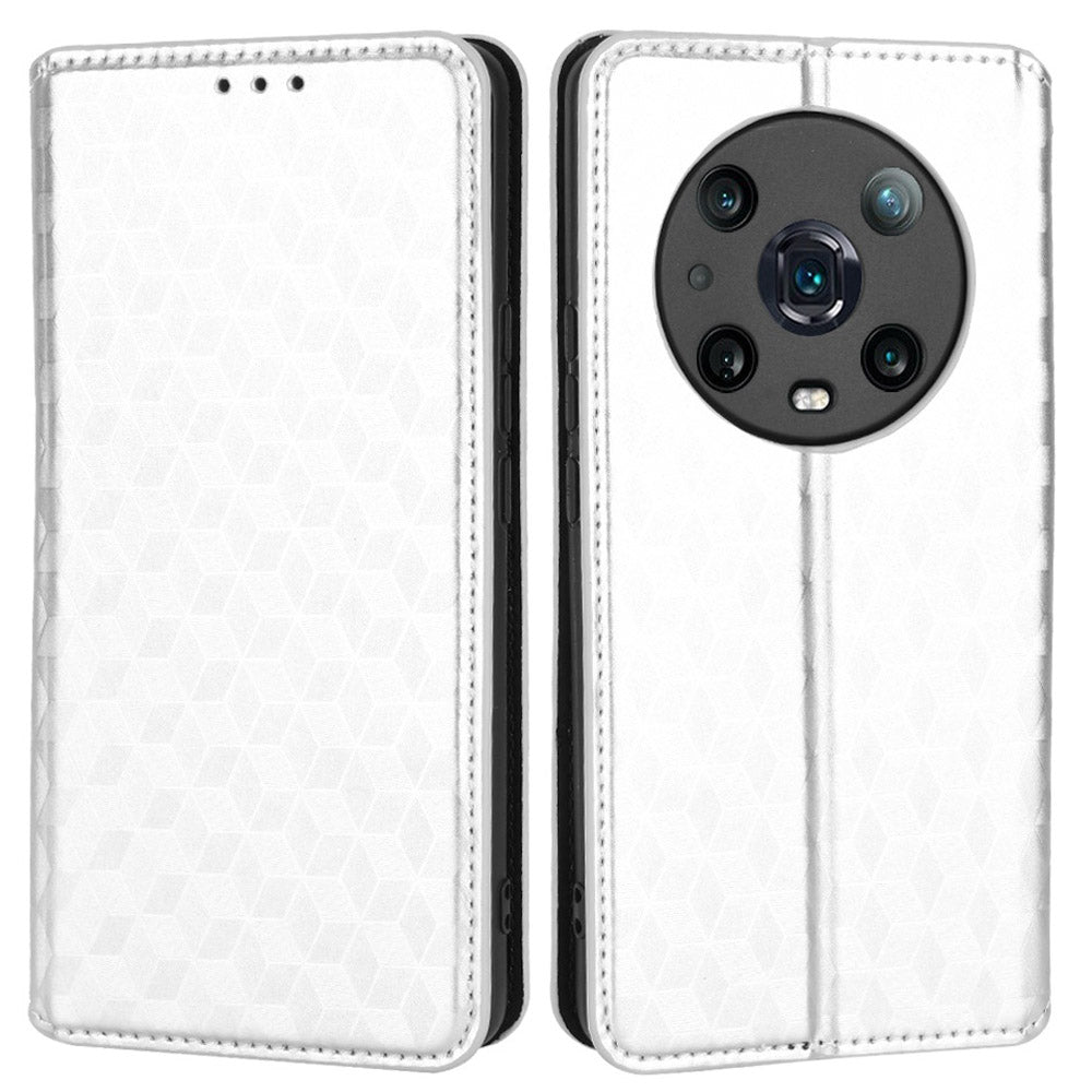 For Honor Magic4 Pro 5G Imprinted Rhombus Pattern Phone Cover PU Leather Magnetic Design Stand Wallet Case