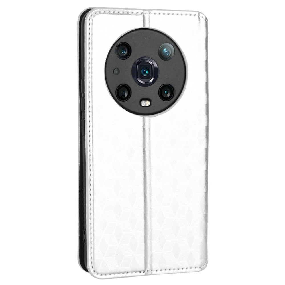 For Honor Magic4 Pro 5G Imprinted Rhombus Pattern Phone Cover PU Leather Magnetic Design Stand Wallet Case