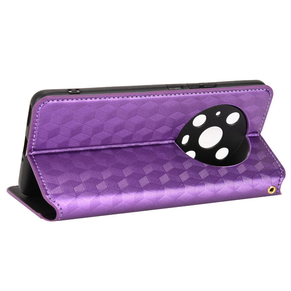 For Honor Magic4 Pro 5G Imprinted Rhombus Pattern Phone Cover PU Leather Magnetic Design Stand Wallet Case