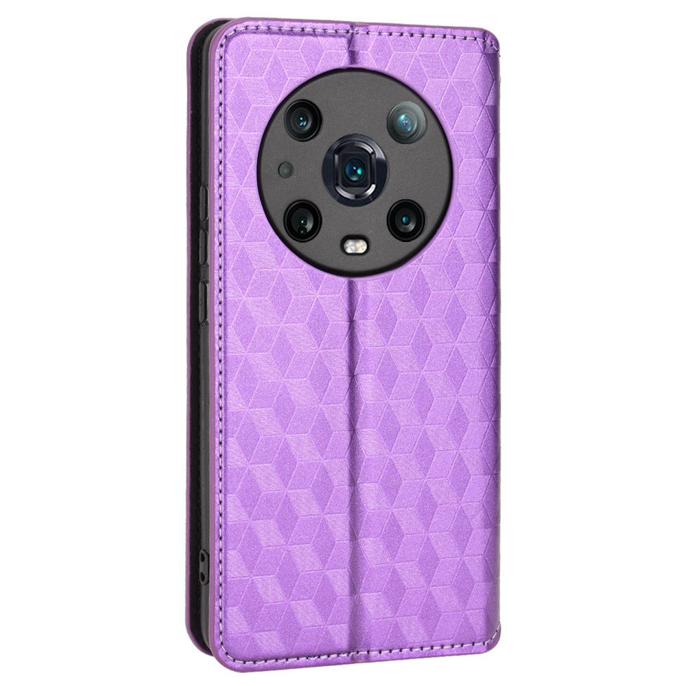 For Honor Magic4 Pro 5G Imprinted Rhombus Pattern Phone Cover PU Leather Magnetic Design Stand Wallet Case