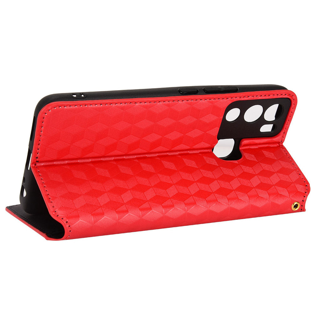 For Infinix Hot 12i 4G X665 Imprinted Rhombus Pattern Magnetic Absorption Leather Case Viewing Stand Shockproof Flip Wallet Cover