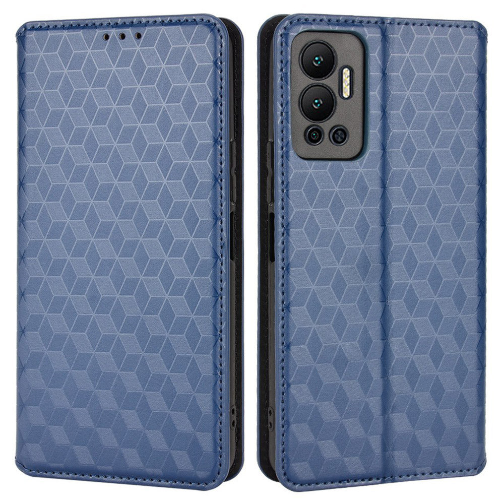 For Infinix Hot 12 4G X6817 PU Leather Flip Wallet Case Stand Feature Imprinted Rhombus Pattern Magnetic Auto Closing Cover