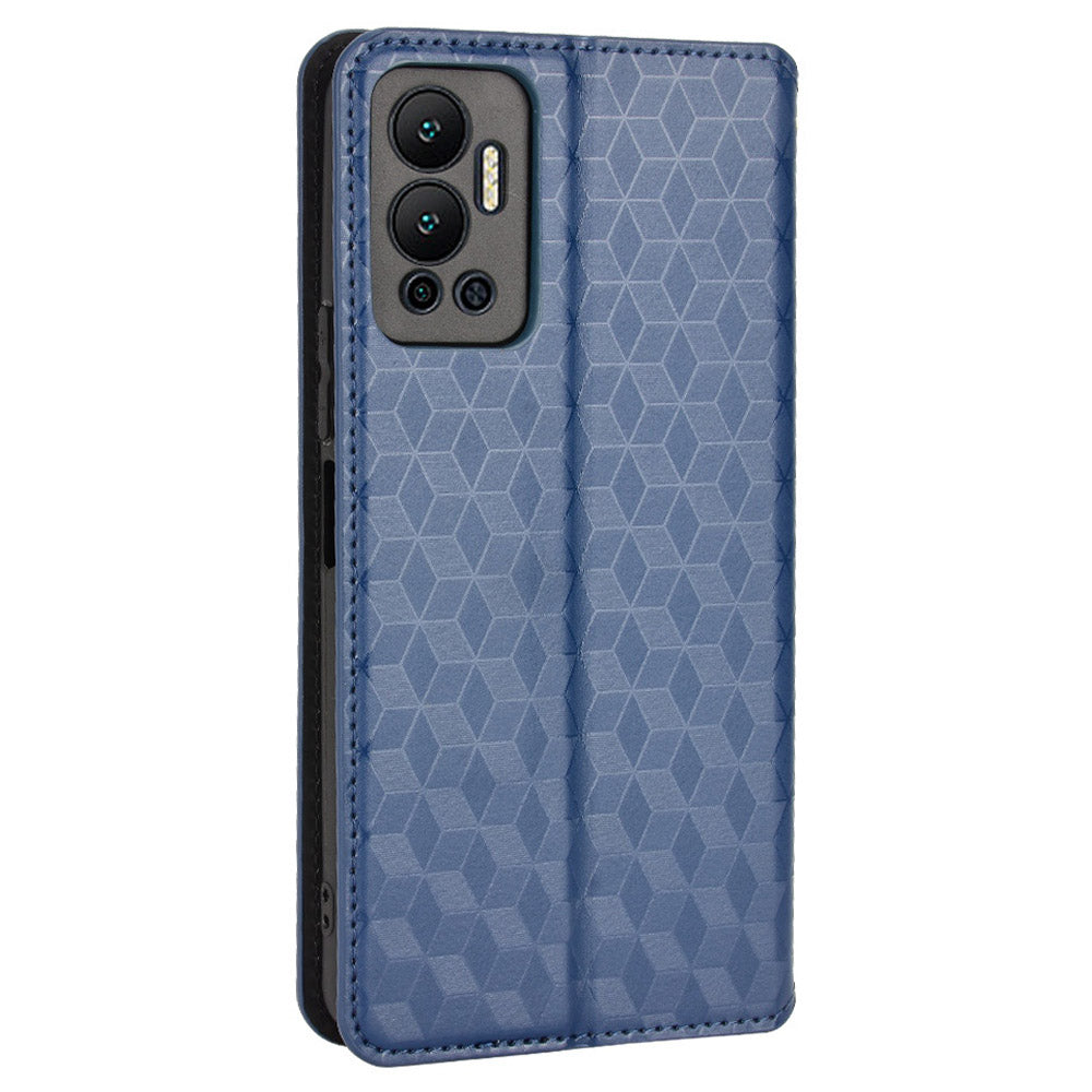 For Infinix Hot 12 4G X6817 PU Leather Flip Wallet Case Stand Feature Imprinted Rhombus Pattern Magnetic Auto Closing Cover