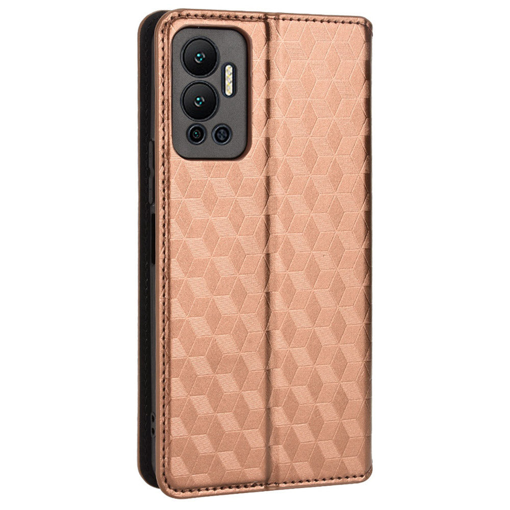 For Infinix Hot 12 4G X6817 PU Leather Flip Wallet Case Stand Feature Imprinted Rhombus Pattern Magnetic Auto Closing Cover