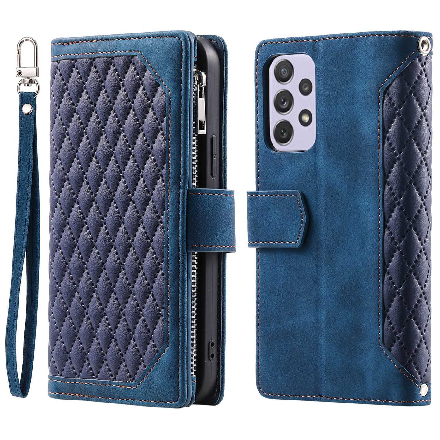 005 Phone Covering Shell for Samsung Galaxy A52s 5G / A52 5G / 4G, Rhombus Grid Textured PU Leather Phone Case Zipper Pocket Stand Wallet with Strap