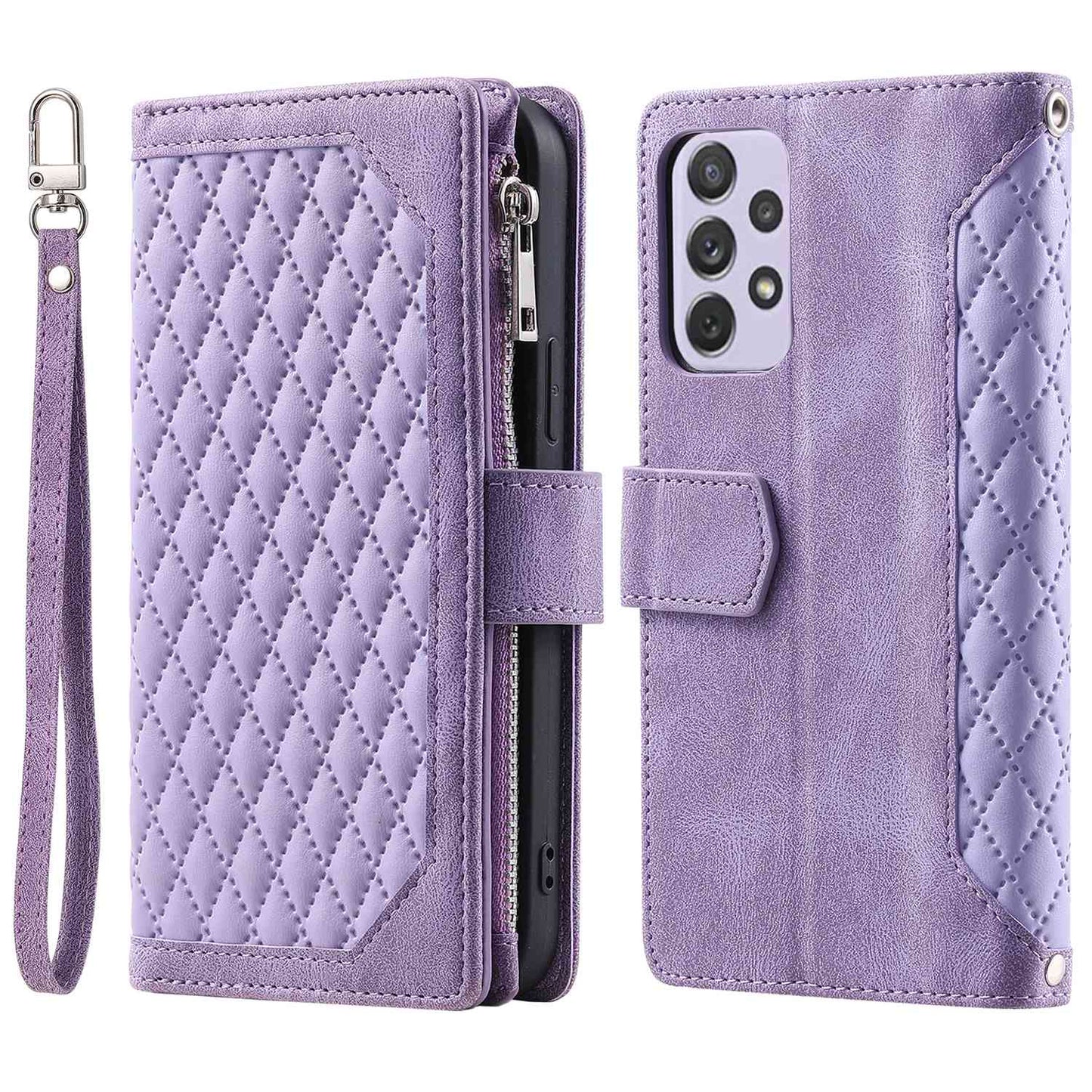 005 Phone Covering Shell for Samsung Galaxy A52s 5G / A52 5G / 4G, Rhombus Grid Textured PU Leather Phone Case Zipper Pocket Stand Wallet with Strap