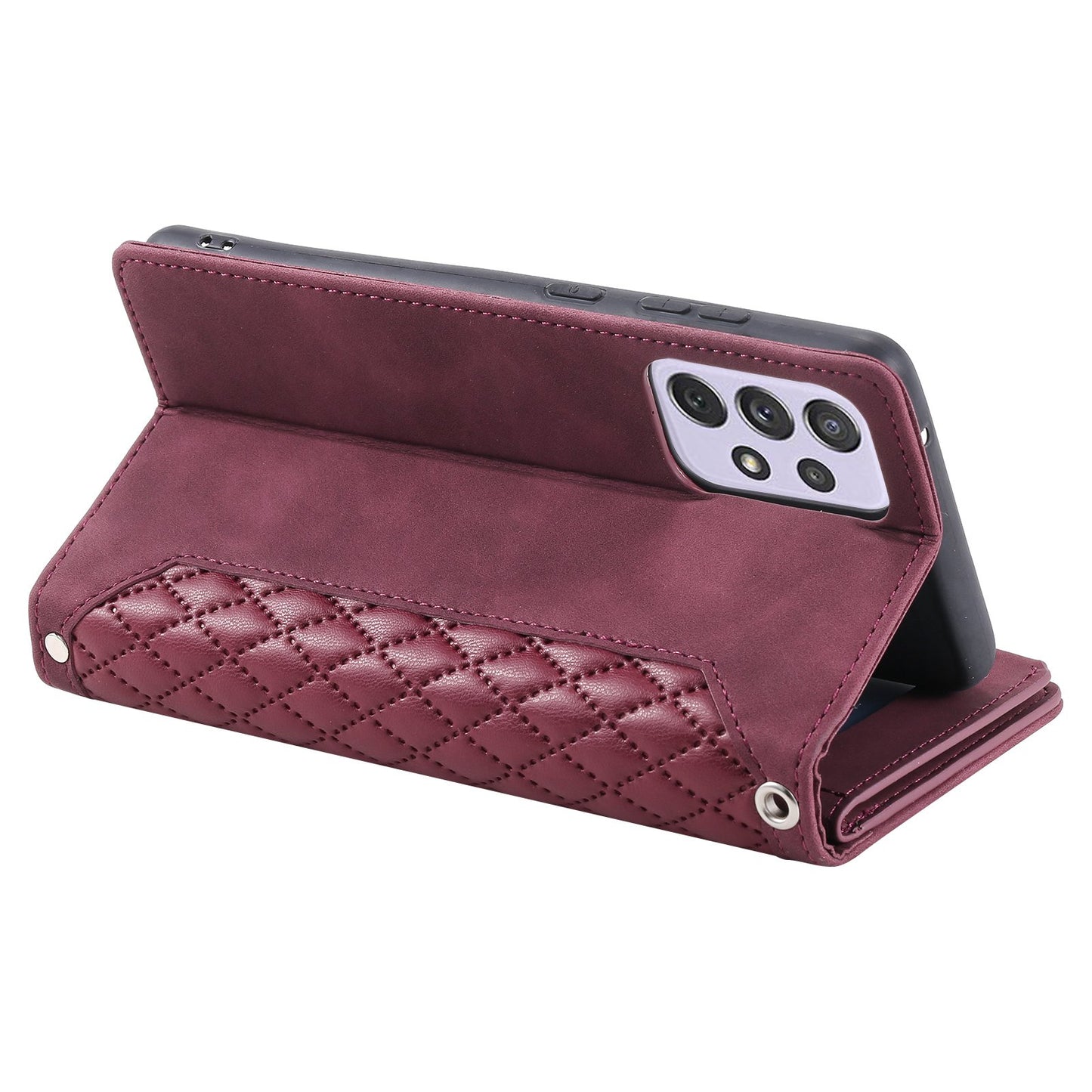 005 Phone Covering Shell for Samsung Galaxy A52s 5G / A52 5G / 4G, Rhombus Grid Textured PU Leather Phone Case Zipper Pocket Stand Wallet with Strap