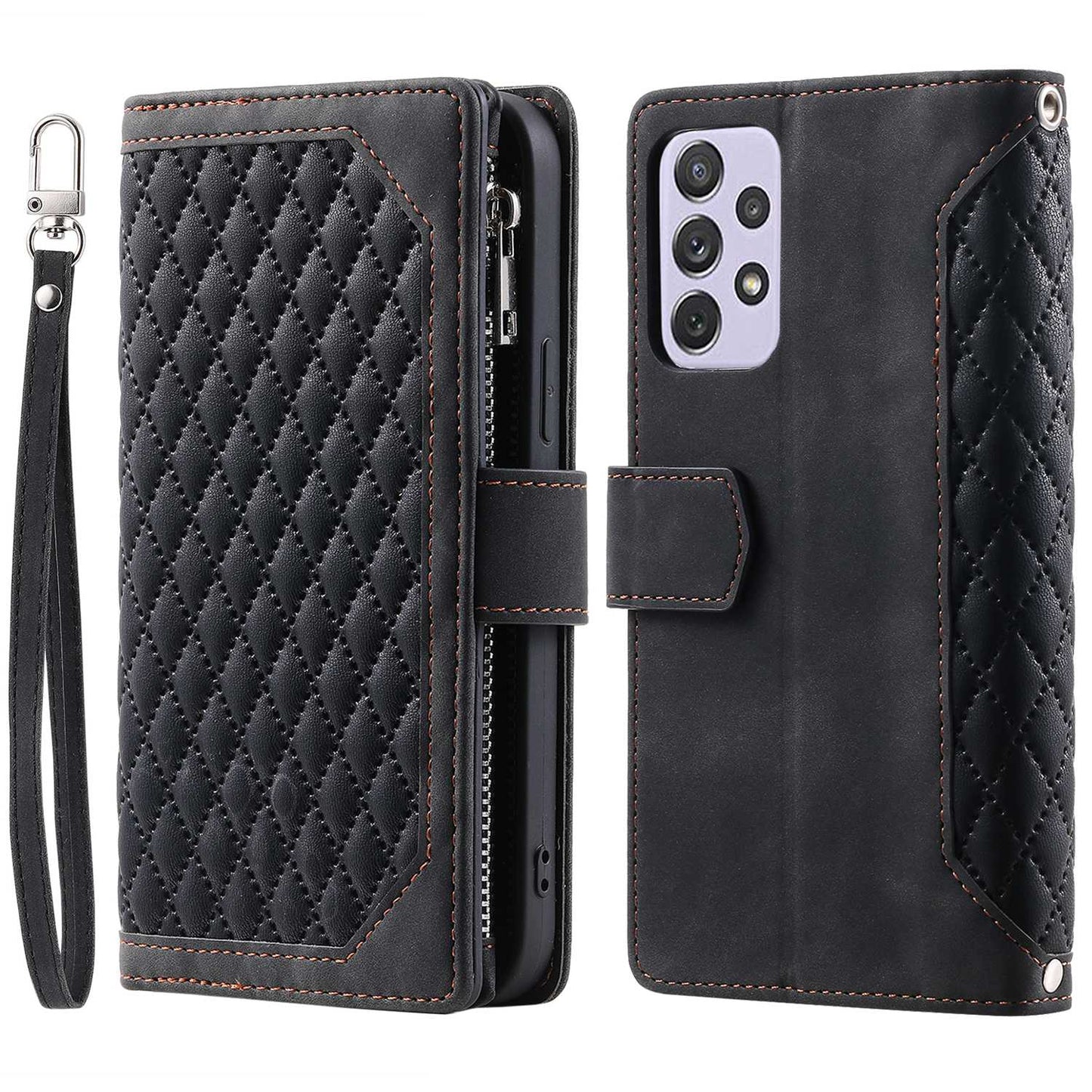 005 Phone Covering Shell for Samsung Galaxy A52s 5G / A52 5G / 4G, Rhombus Grid Textured PU Leather Phone Case Zipper Pocket Stand Wallet with Strap