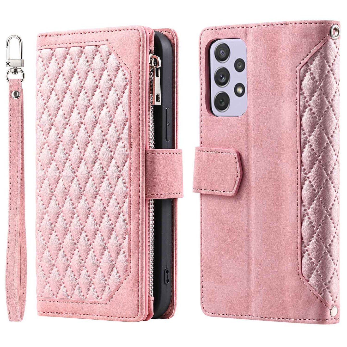005 Phone Covering Shell for Samsung Galaxy A52s 5G / A52 5G / 4G, Rhombus Grid Textured PU Leather Phone Case Zipper Pocket Stand Wallet with Strap