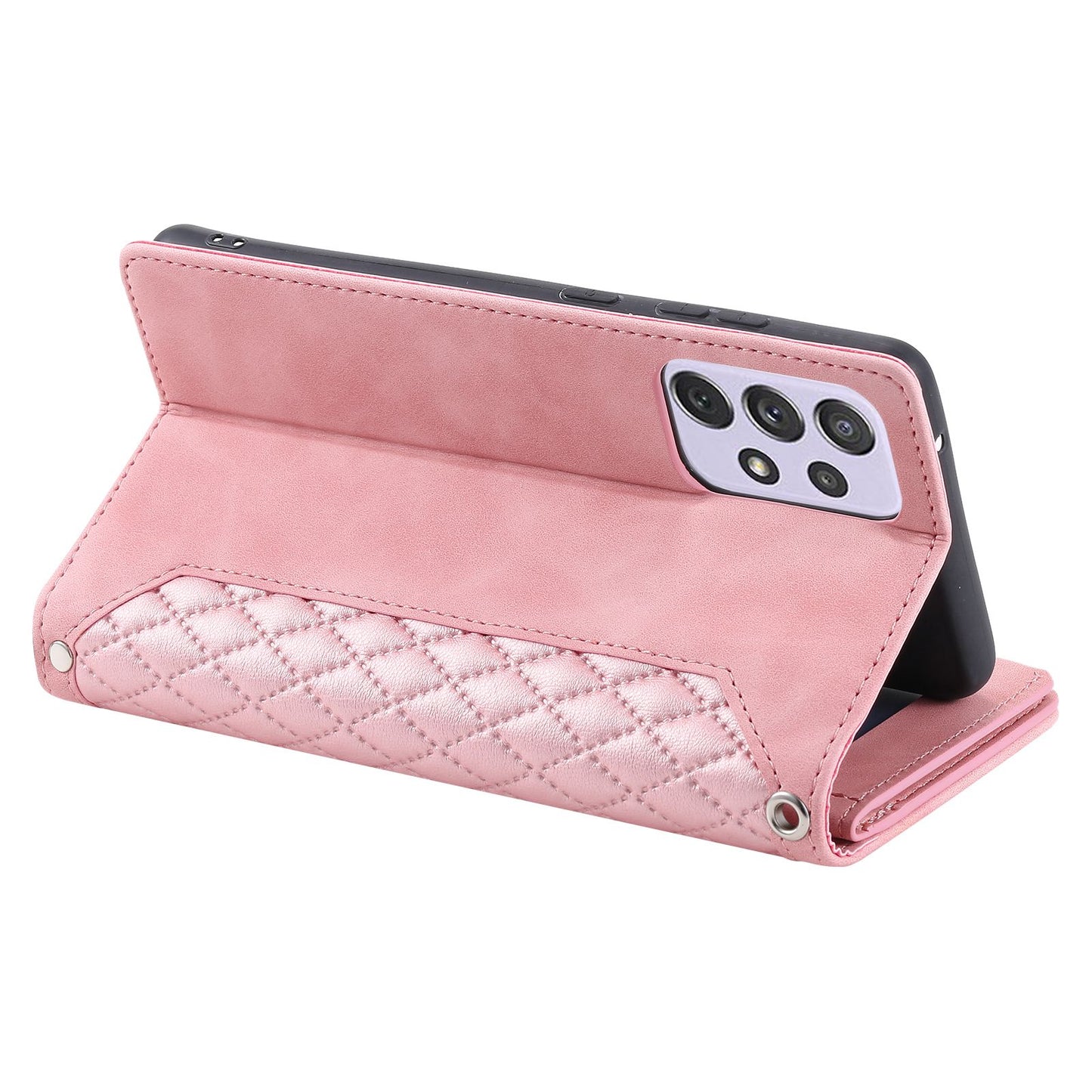 005 Phone Covering Shell for Samsung Galaxy A52s 5G / A52 5G / 4G, Rhombus Grid Textured PU Leather Phone Case Zipper Pocket Stand Wallet with Strap