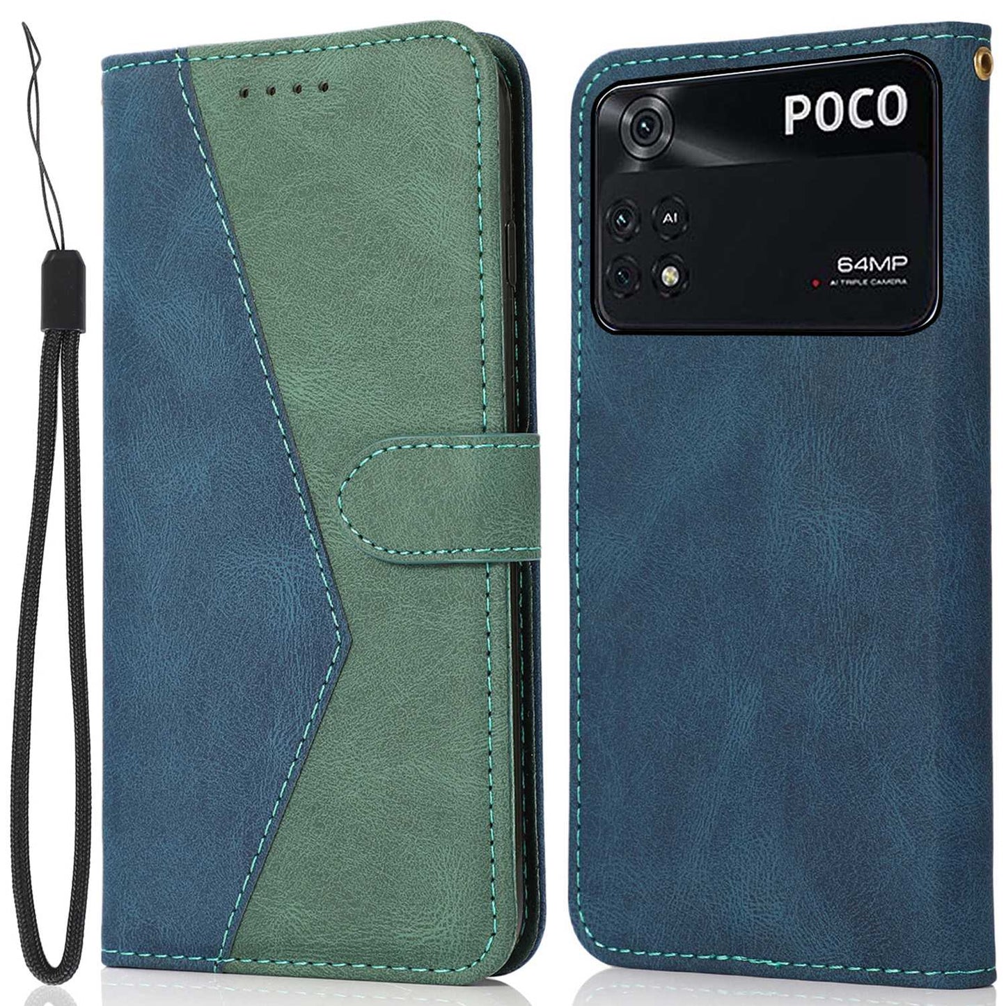For Xiaomi Poco M4 Pro 4G Color Splicing Phone Full-protection Cover Flip Stand Wallet PU Leather Case with Wrist Strap