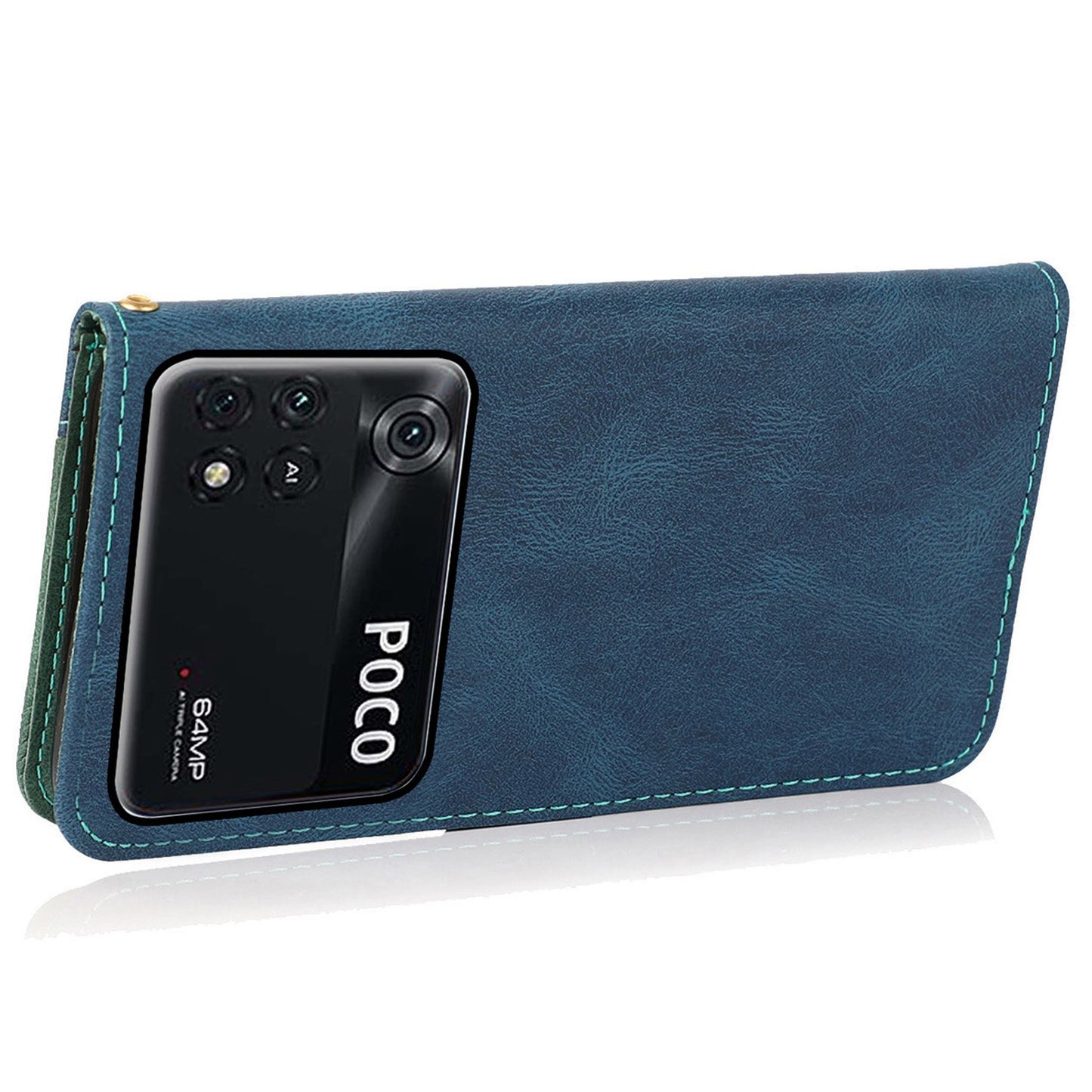 For Xiaomi Poco M4 Pro 4G Color Splicing Phone Full-protection Cover Flip Stand Wallet PU Leather Case with Wrist Strap