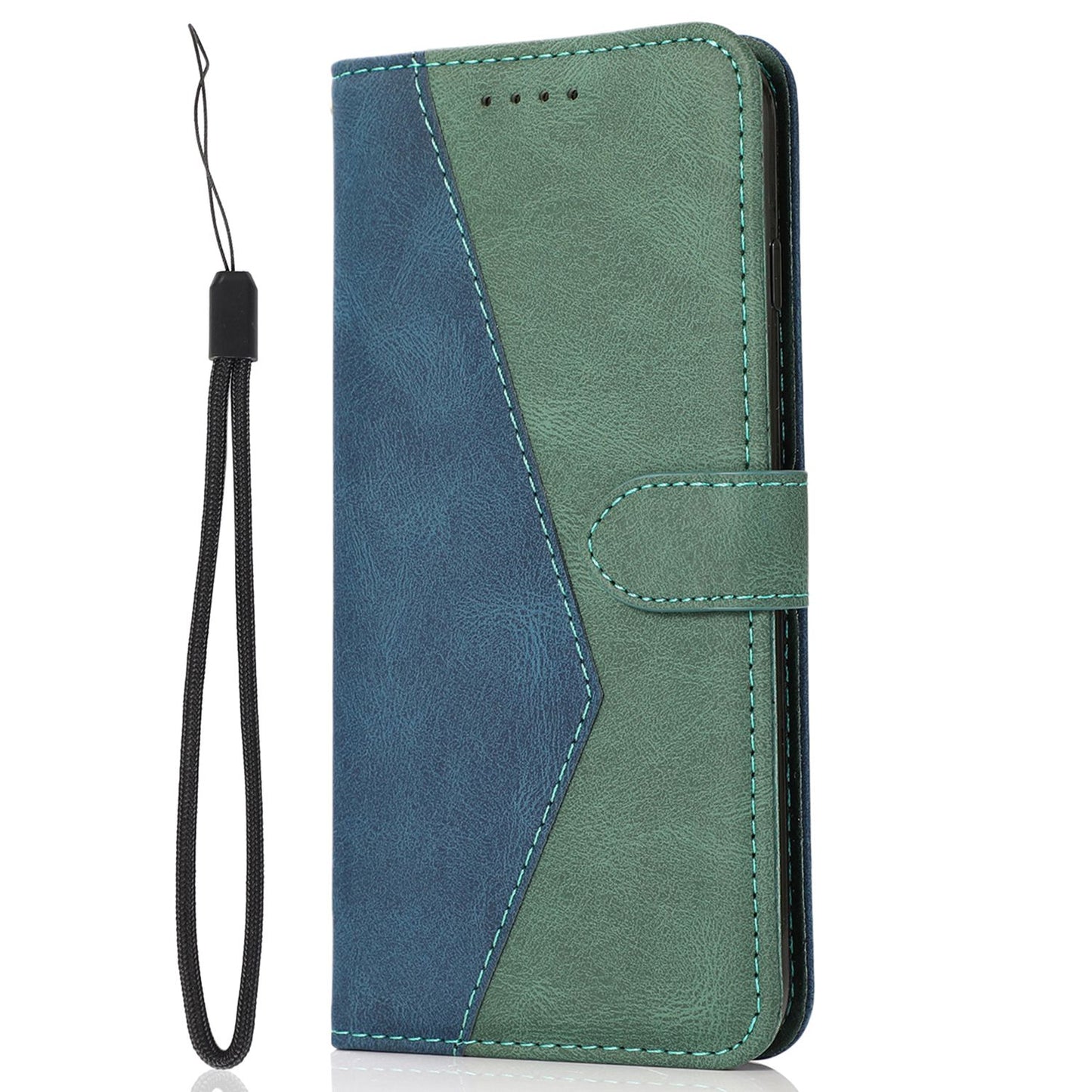 For Xiaomi Poco M4 Pro 4G Color Splicing Phone Full-protection Cover Flip Stand Wallet PU Leather Case with Wrist Strap