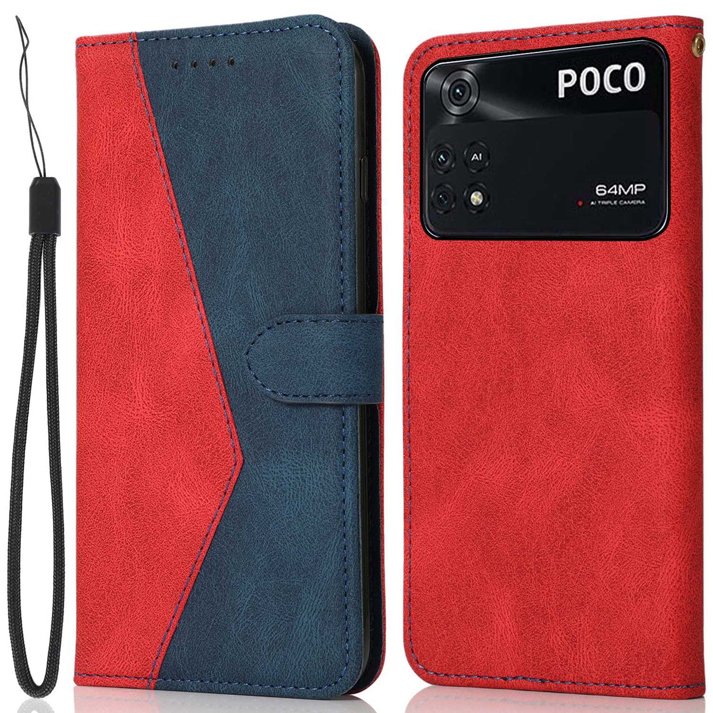 For Xiaomi Poco M4 Pro 4G Color Splicing Phone Full-protection Cover Flip Stand Wallet PU Leather Case with Wrist Strap